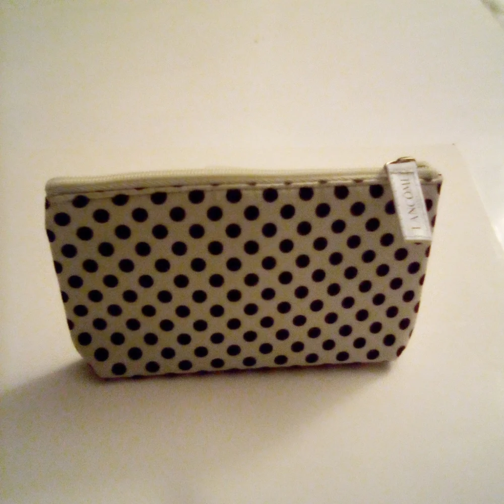Lancome Paris Cosmetic Pouch Zipper Closure White With Black Polka Dots